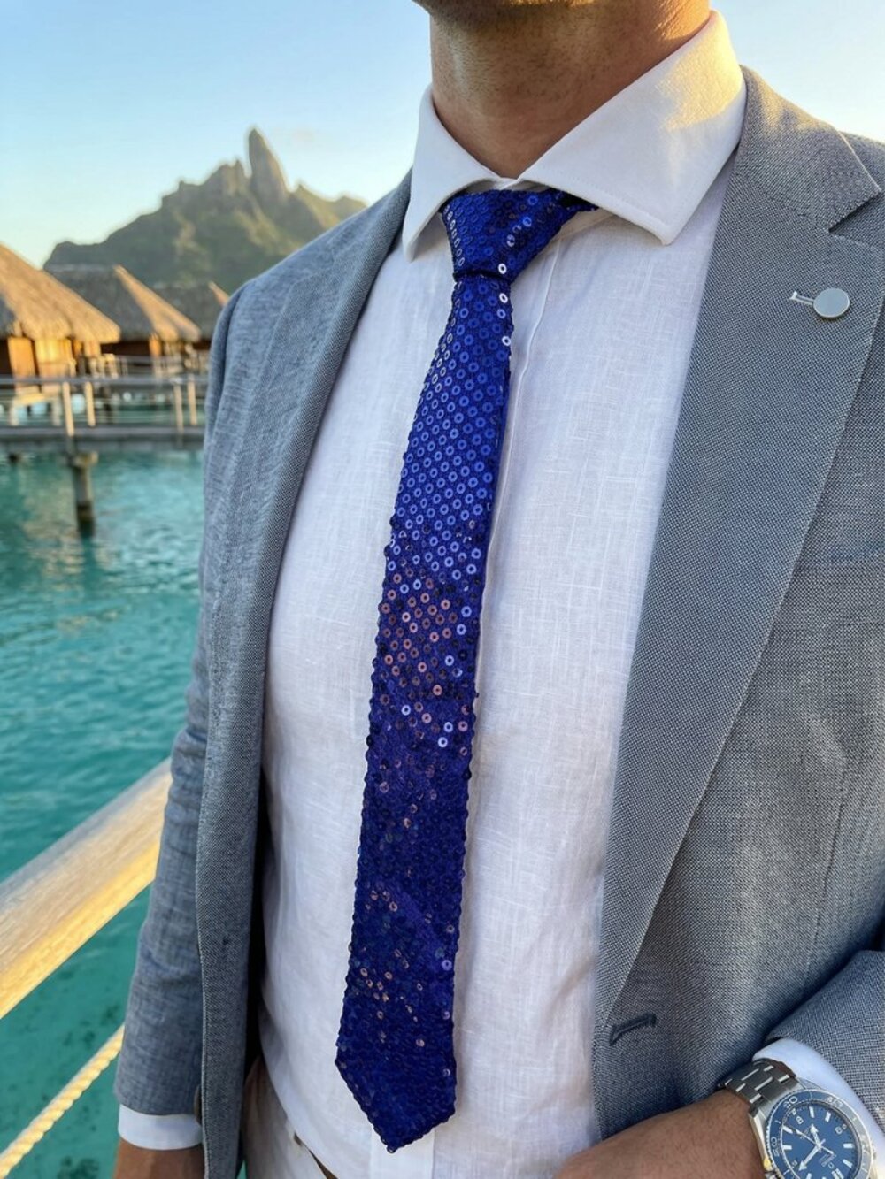 NEW Men Women Blue Sequin Necktie Slim Pre-Tied Fashion Accessory Parties Suit